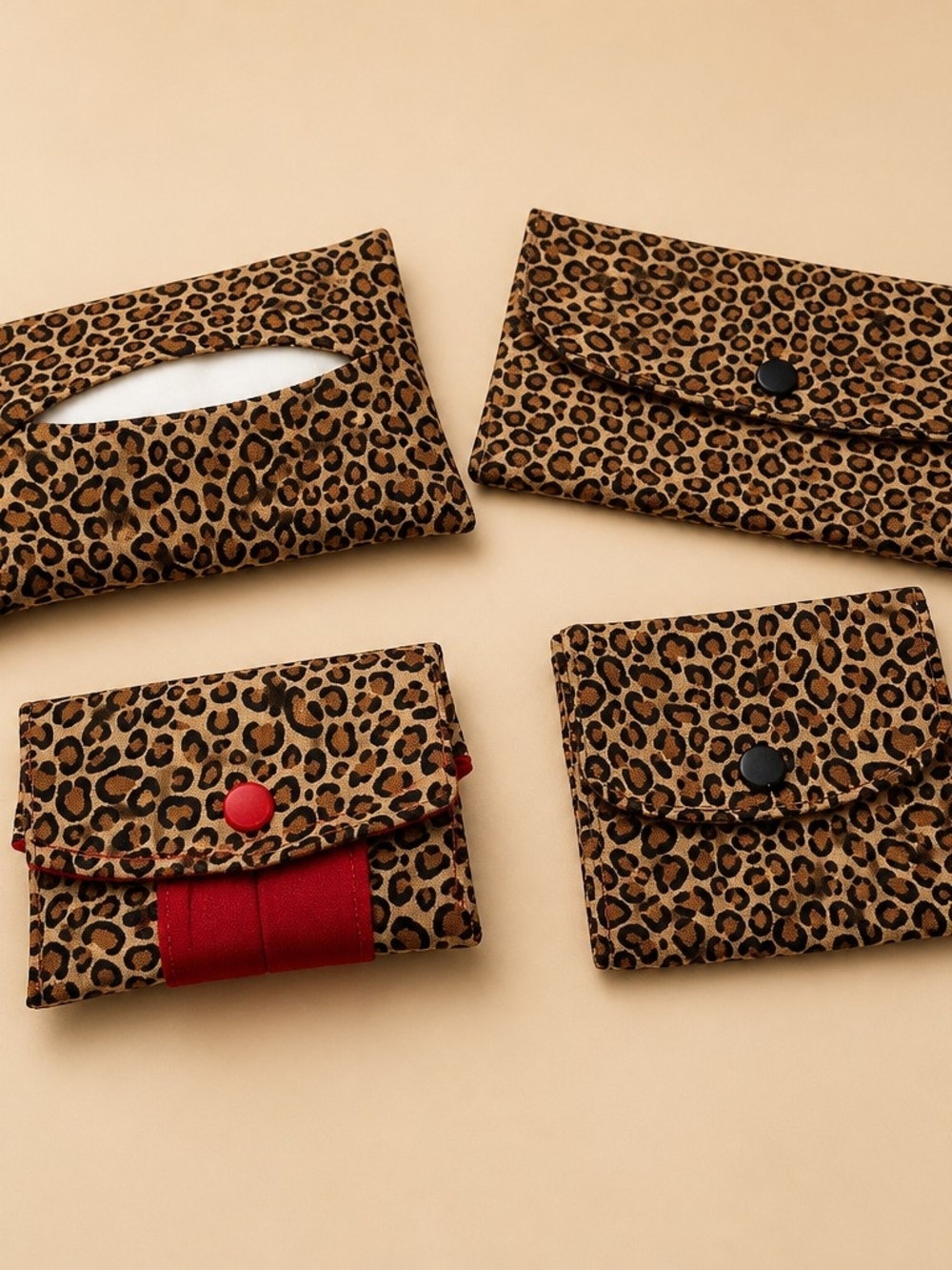 Handmade Leopard Print Fabric Pouch Set – 4 Pieces, Snap Closures